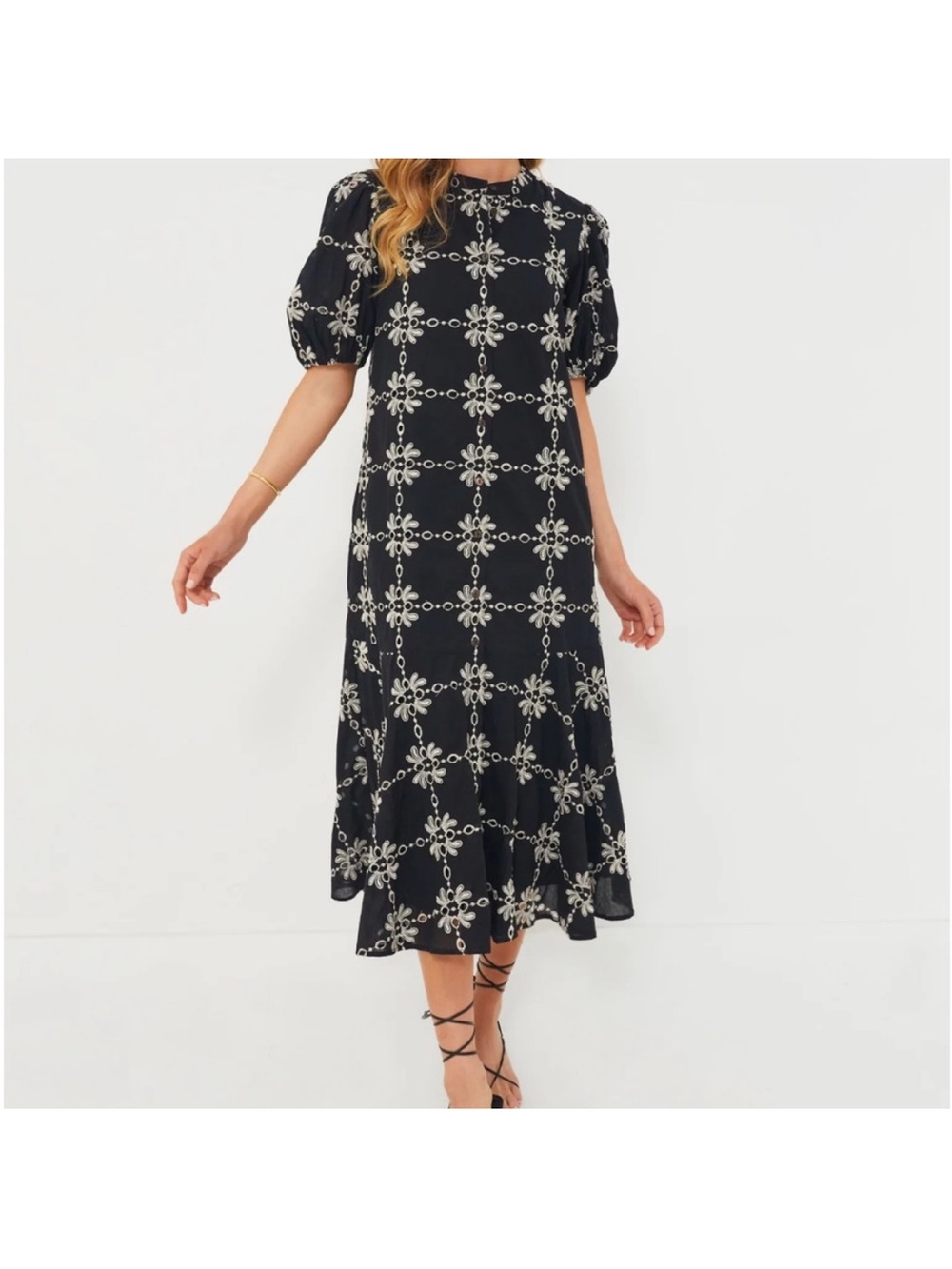 Tuckernuck Black Lewis Embroidered Midi Dress with Puff Sleeves